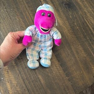 VINTAGE 1990'S BEDTIME BARNEY PLUSH blue striped THERMAL KNIT PAJAMAS 16"